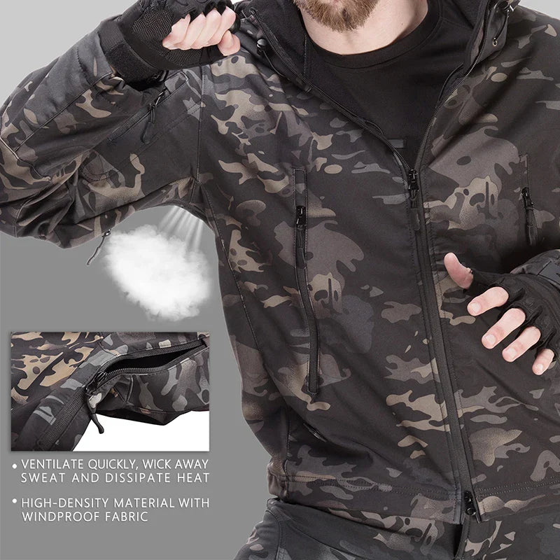 Tactical Winter Set Men's Outdoor Windproof Waterproof Suit Multi-Pocket Soft Shell Hooded Jackets Sharkskin Work Pants