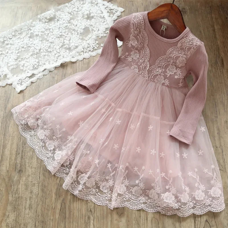 Girls Long Sleeve Flower Dress Kids Lace Dresses For Girls Children