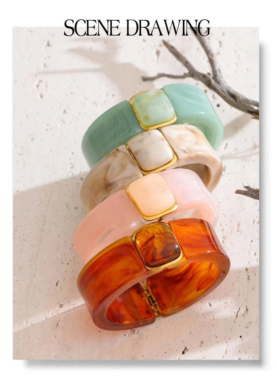 Yhpup 63mm Green Pink Beige Amber Acrylic Wide Bracelet Bangle Waterproof Fashion Summer Attractive Jewelry Wholesale