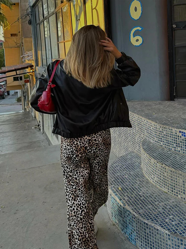 Vintage Leopard Print Pants Women Casual Loose Lace Up Wide Leg Trousers