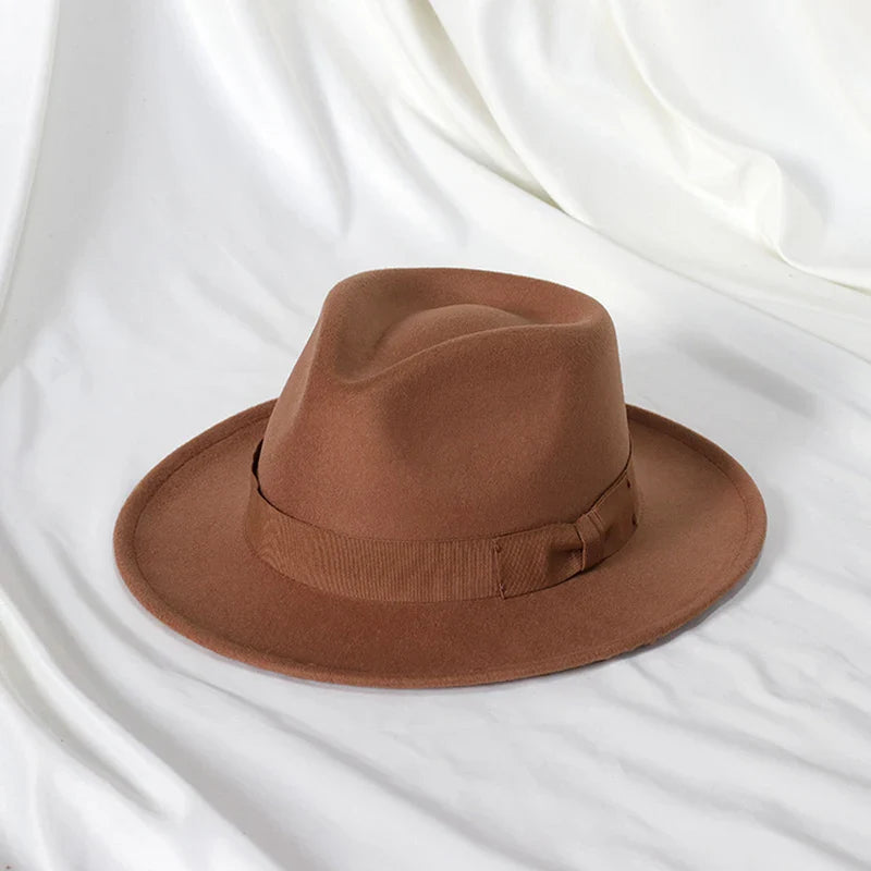 2022 New Fashion Men Fedoras Hat Women's Jazz Hat with Bow Tie Elegant Spring Black Woolen Blend Cap Outdoor Casual Felt Hat