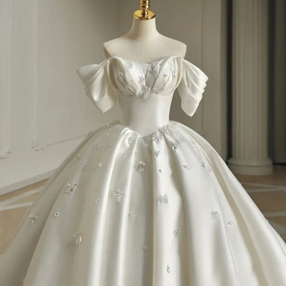 White Bridesmaid Dresses: Short Sleeve Pleat Sparkly Crystal Satin Ball Gown