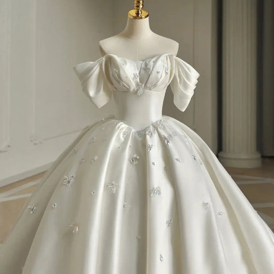 White Bridesmaid Dresses: Short Sleeve Pleat Sparkly Crystal Satin Ball Gown
