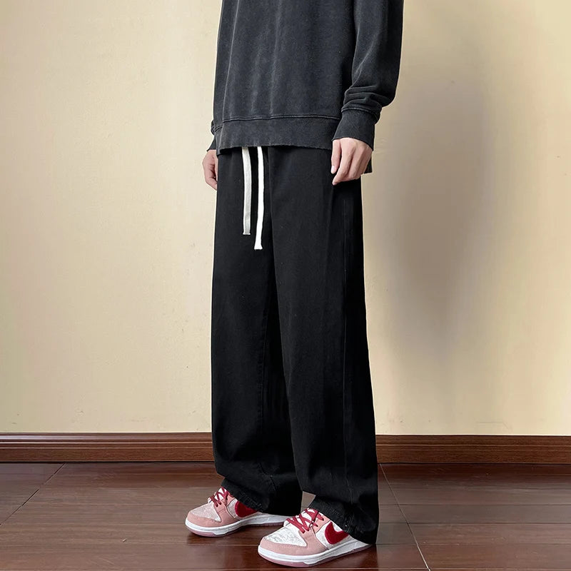 Streetwear Men's Elastic Waist Wide Leg Baggy Jeans Korean Fashion