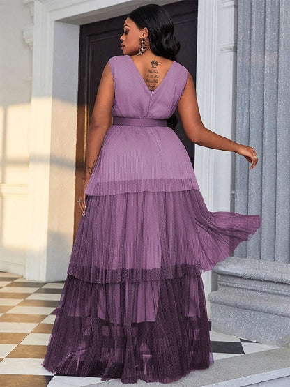 TOLEEN Women Plus Size Maxi Dresses Purple Elegant Long Dress Summer Mesh Patchwork V-neck Strap V-neck Layered Bridesmaid Dress