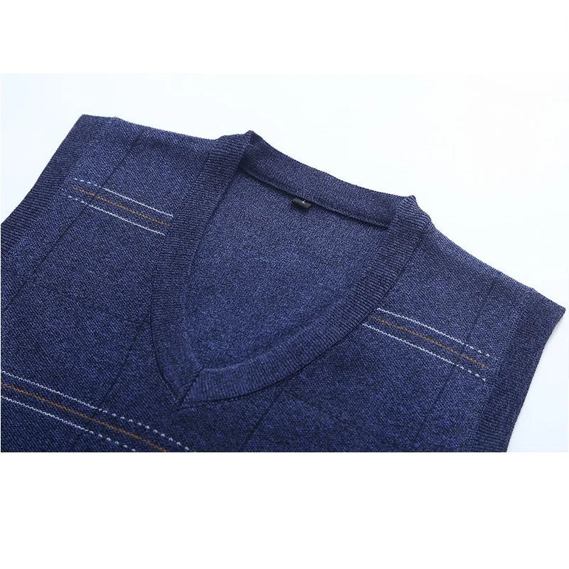 Sweater For Men Casual V-neck Gentleman Fashion Plaid Father Clothes Soft