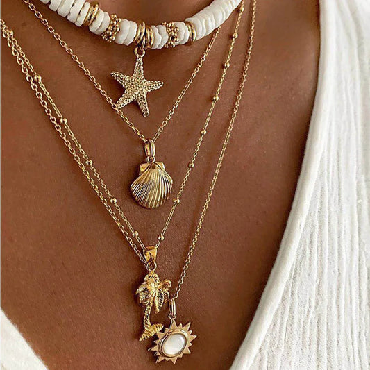 Bohemia Soft Clay Shell Star Sun Pendant Chain Layered Necklace