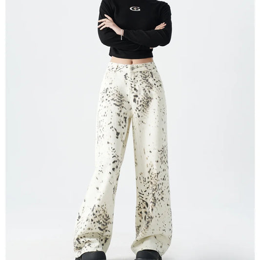 American Retro High Street Casual Leopard Print Loose Wide Leg Pants for Women