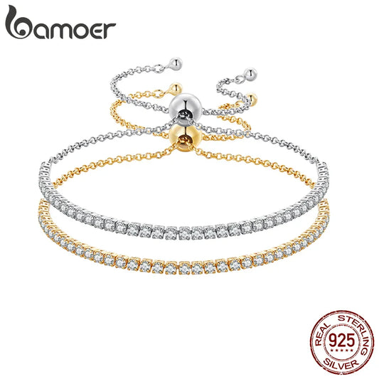 BAMOER 18K Gold Plated CZ Classic Tennis Bracelet for Women, 925 Sterling Silver Adjustable Slider Bracelet Wedding Jewelry Gift