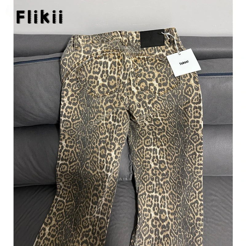 American Retro Leopard High Waist Baggy Jeans Women's Casual Pockets Hip-hop Pants