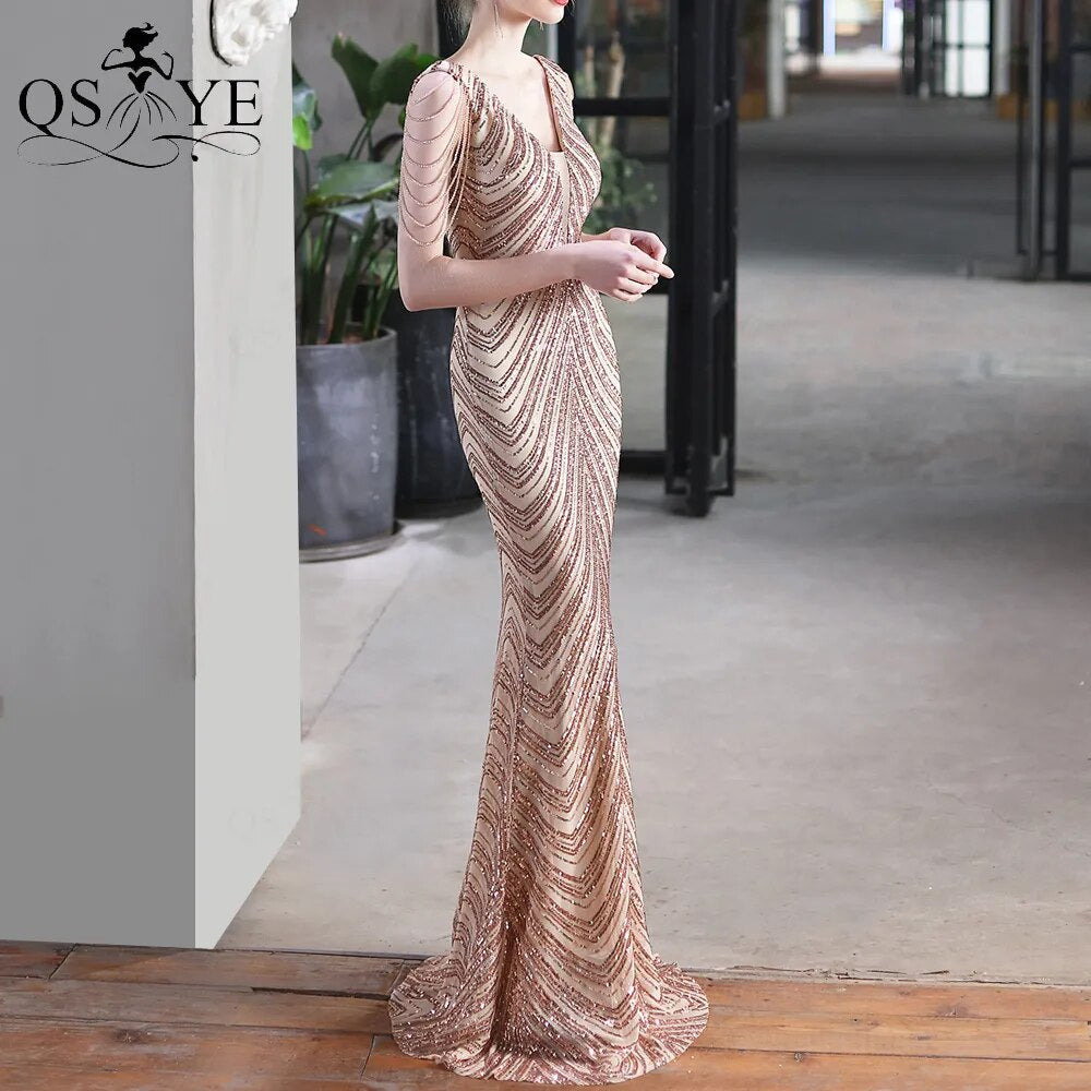 Evening wear Dresses: Golden Prom Dresses V Neck Mermaid Long Evening Dress