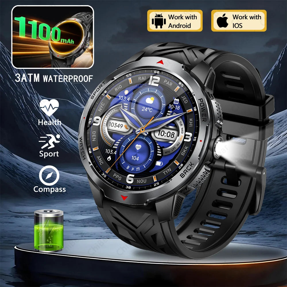 1100mAh Military Outdoor Smart Watch Men 1.7-inch Large Display Compass Sports Watch IP68 Waterproof Bluetooth Call Smartwatch