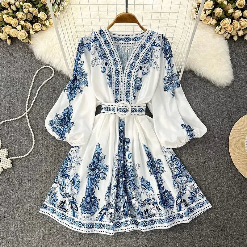 Evening Dresses: Women Blue Print V-Neck Long Sleeve Bohemian Dress