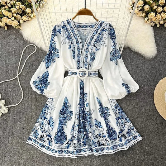 Women's Fashion Autumn Blue Print V-Neck Long Sleeve Bohemian Dress