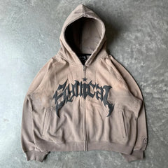 Hooded American retro zipper sweatshirt Gothic letter star print hoodie trendy men's casual