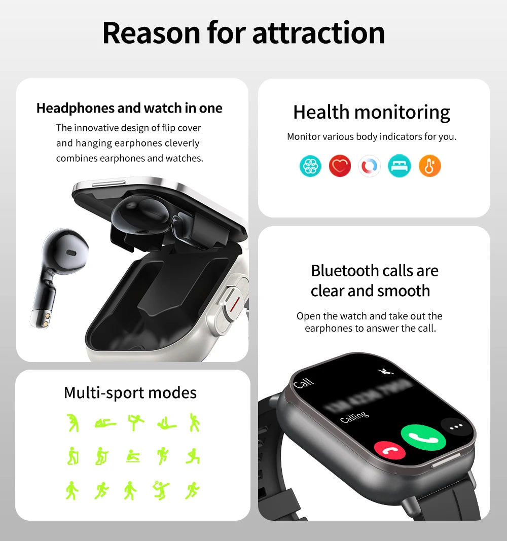 NFC Smart Watch TWS 2-in-1 Headset Bluetooth Call Heart Rate Blood Pressure Health Monitoring Headphones Play Music Smartwatch