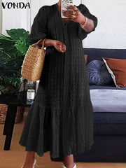 Plus Size 5XL VONDA Women Shirt Dress Summer V Neck Buttons Half Sleeve