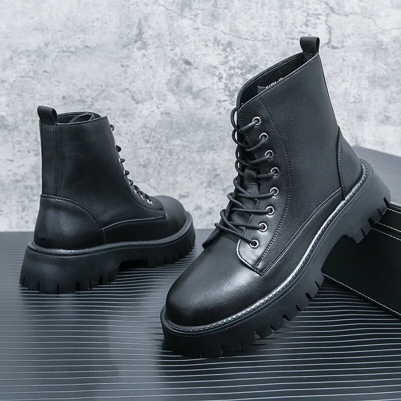 Men High Top Leather Shoes Fashion Ankle Military Boots Male Tactical Thick Soled Booties