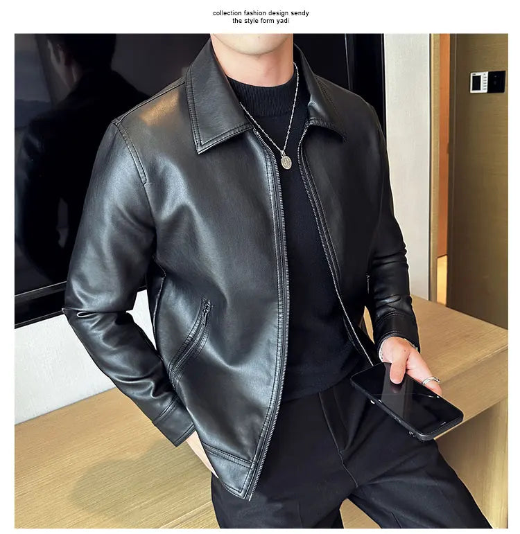 Men Bomber Leather Jacket Anti-wind Lapel Solid Casual Slim Fit Jacket