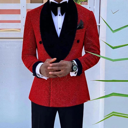 Glitter Red Sequins Mens Suits Groom Wedding Tuxedo Double Breasted Blazer