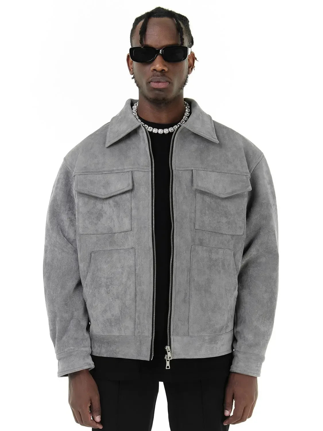 Vintage High Street Suede Material Crock Jacket With Zipper Lapel Casual Short Jacket