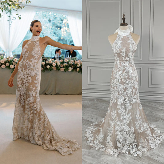 White Bridesmaid Dresses: Elegant Halter Neck Beaded Lace Backless Mermaid
