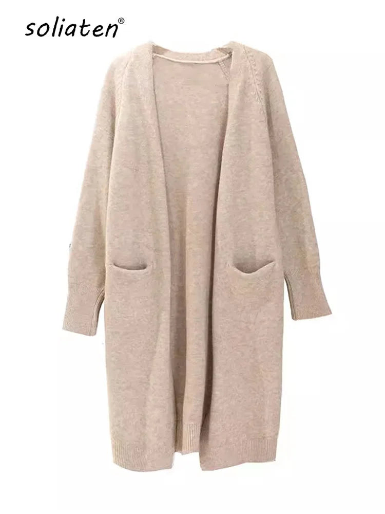 Women Solid Color Loose Thick Warm Sweater Cardigan Pocket Ladies Spring