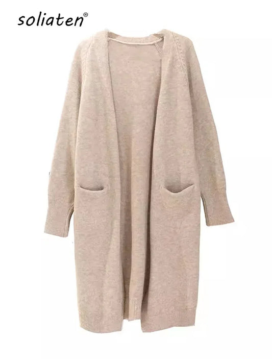 Women Solid Color Loose Thick Warm Sweater Cardigan Pocket Ladies Spring