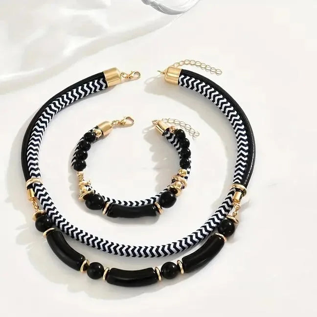 2PCS Set New Fashion Black and White Thick Double Line Metal Tube Exaggerated Hip-Hop Style Necklace Bracelet Set for Daily Wear
