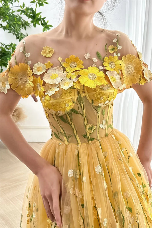 Homecoming Dresses: Yellow Flowers Appliques Prom Dresses
