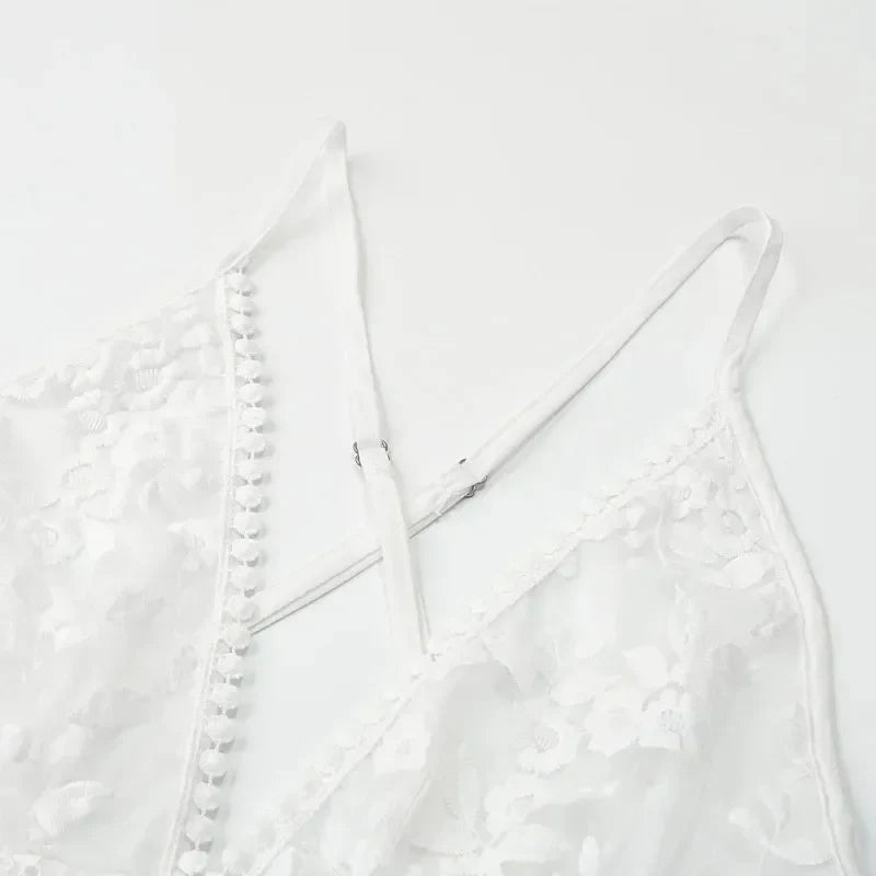 V Neck White Dress for Women Beach Lace Sling 2024 Summer Elegant Embroidery Dress Backless Casual Sleeveless Sexy Dress 21800