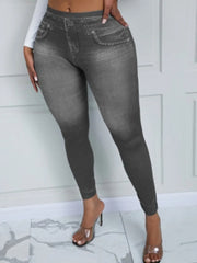 Women Imitation Denim Plus Size Casual Mid Waist Slant Pocket Stretchy Solid Pants