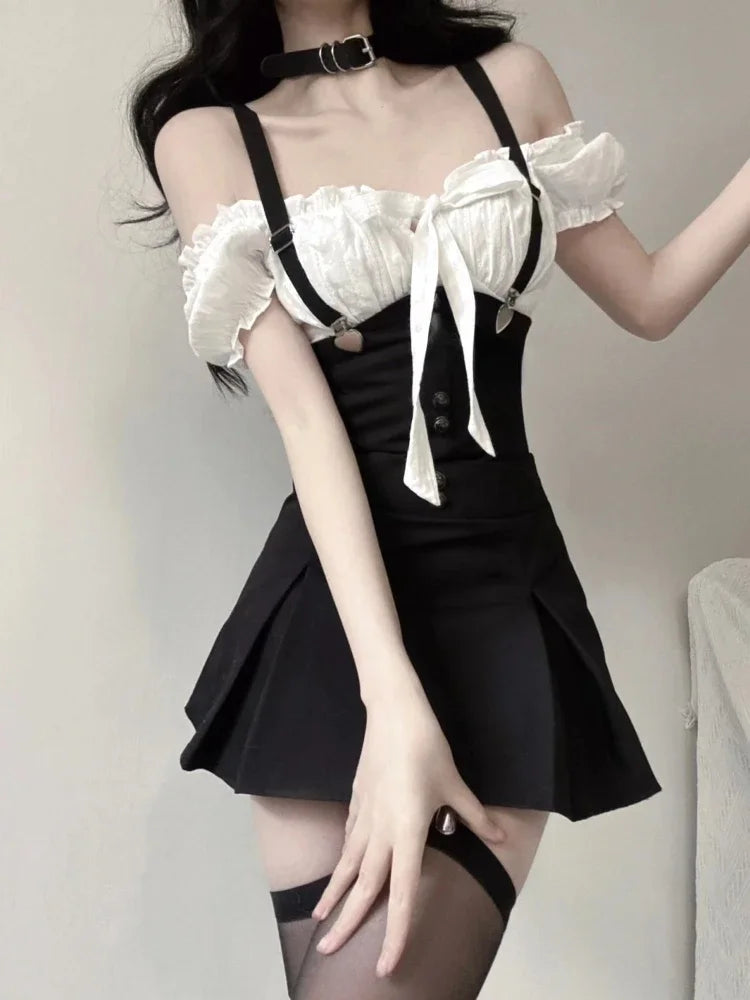 Jielur Chic Y2k Two Piece Dress Sets Female Summer Black Bodycon Dress Crop Top Women Party Korean Fashion Even Mini Dress Suits
