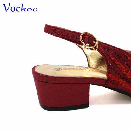 Fashion New Design African Elegant Ladies Shoes Matching Bag Set in Wine Color Slingbacks Peep Toe Low Heels for Wedding
