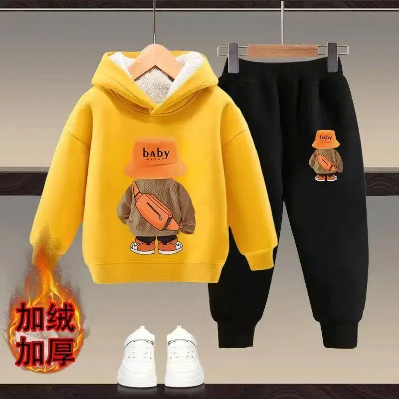 Winter Spring Kid Girls Hoodies Plush Warm Clothes Set Children Boy Cartoon Bear Printed Hooded Pullover Top And Pants 2PC Suit