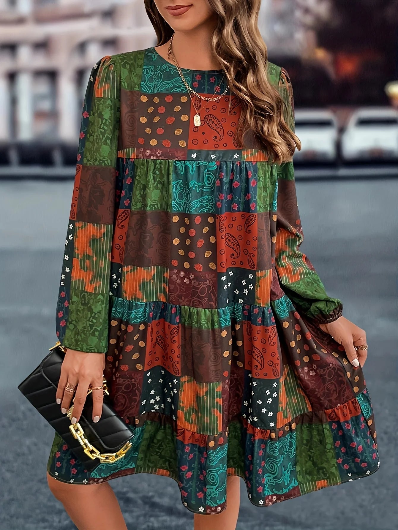 Plus Size Long Sleeved Printed Dress