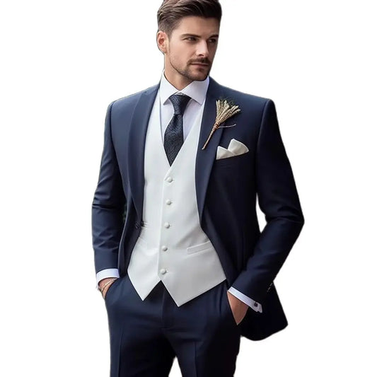 Men Suits Navy Blue Jacket Pants White Vest 3 Piece Peak Lapel