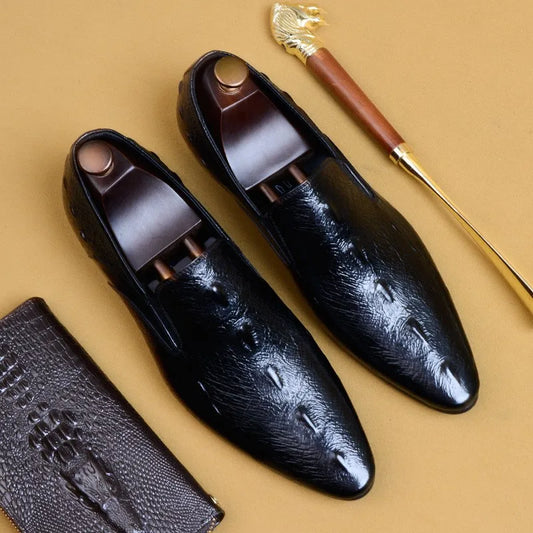 HNXC Men Dress Shoes Crocodile Pattern Black Casual Men Luxury Loafers Suit Formal Genuine Leather Men Wedding Oxford Shoes