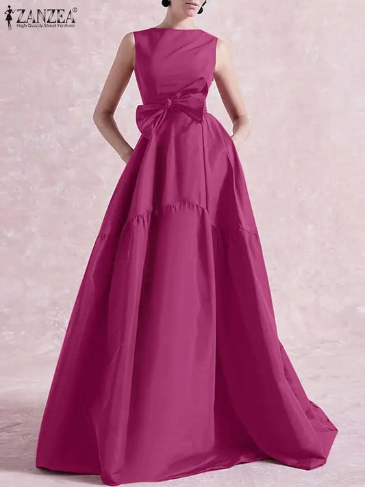 Women Belted Long Dress Cocktail Party Elegant Sleeveless Evening Dress