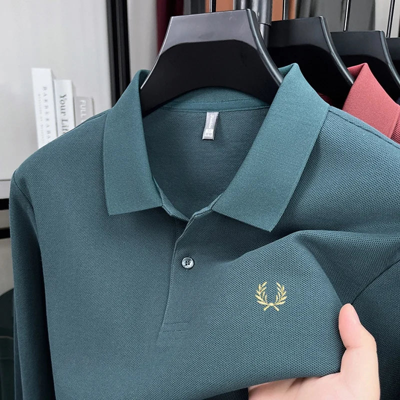 100% pure cotton high-end brand men's long sleeved polo shirt autumn fashion hot selling wheat embroidery golf business T-shirt