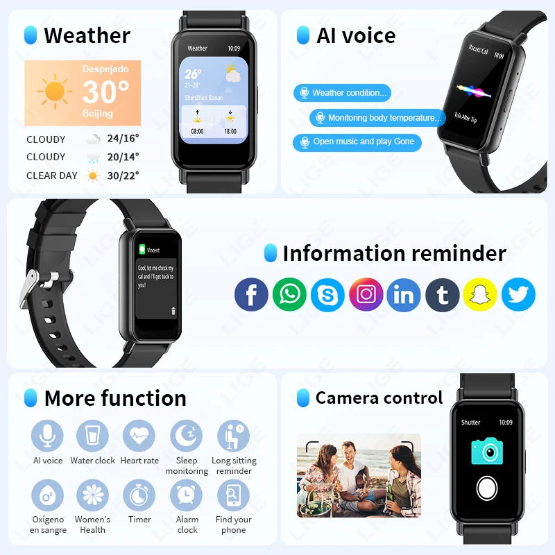 LIGE Smart Watch Men Women Smart Bracelet Wristband 1.45 Inch Heart Rate Waterproof Sports Fitness Tracker Bluetooth Call Band
