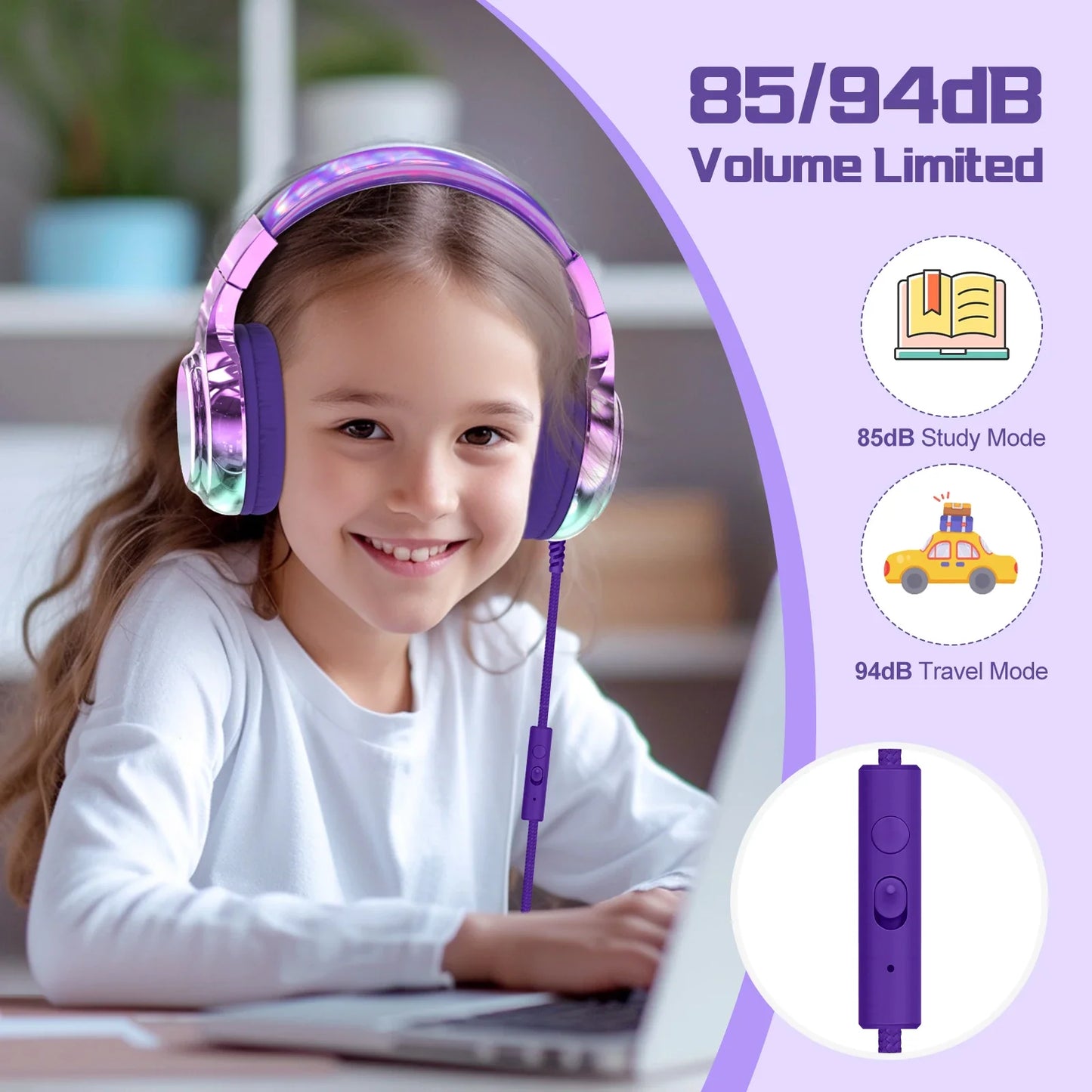 Kids Headphones Wired for School 85/94dB Volume Limiter Foldable Stereo Sound Headset with Mic for Kids Girls Learning Tablet PC