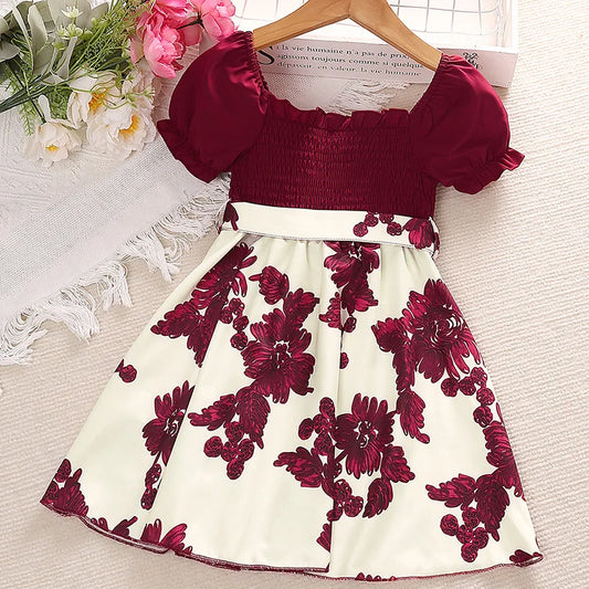 Dress For Kids 4-7 Years Summer Girls Puff Sleeves Print Dress