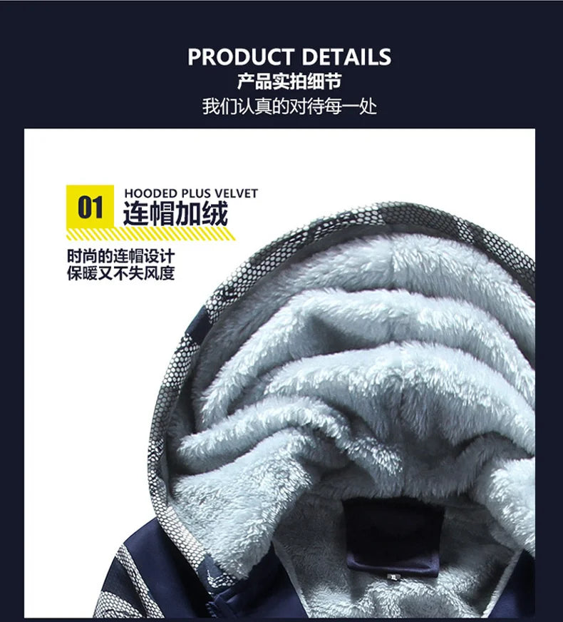 Winter Thick Men Sports Suit Men Tracksuit Hooded Sportswear Zipper Cardigan Hooded Woolen Trousers Pants Casual Men Fleece Set
