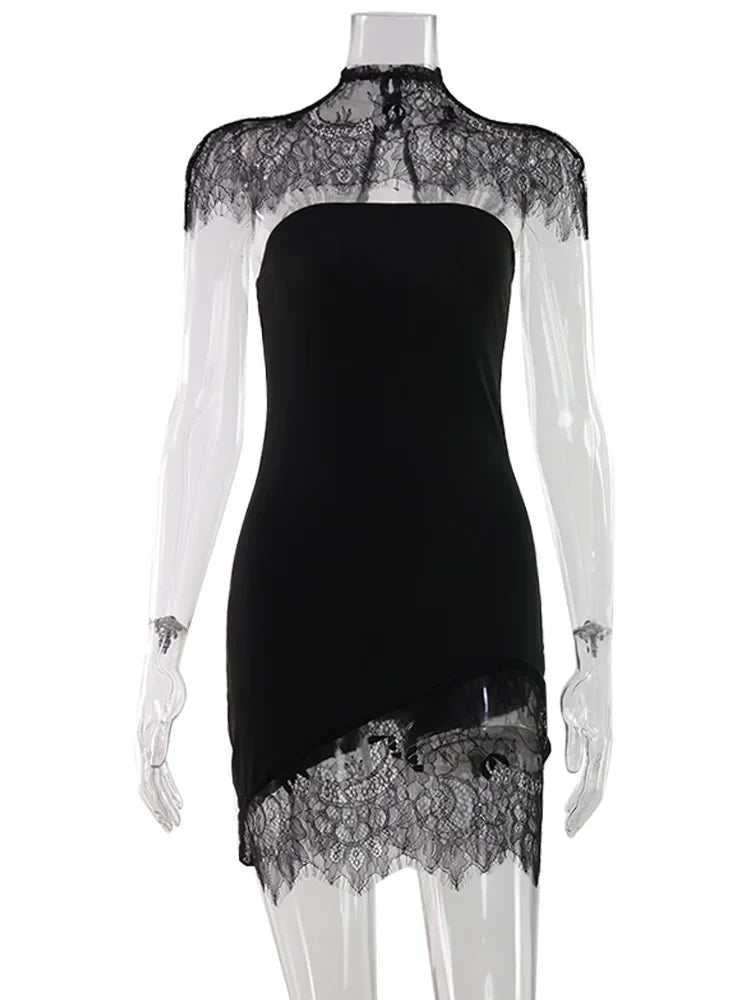 CNYISHE Strapless Solid Lace Patchwork Women Dresses Sheath Sexy Club Hip Wrap Bodycon Vestidos Female Outfits Party Chic
