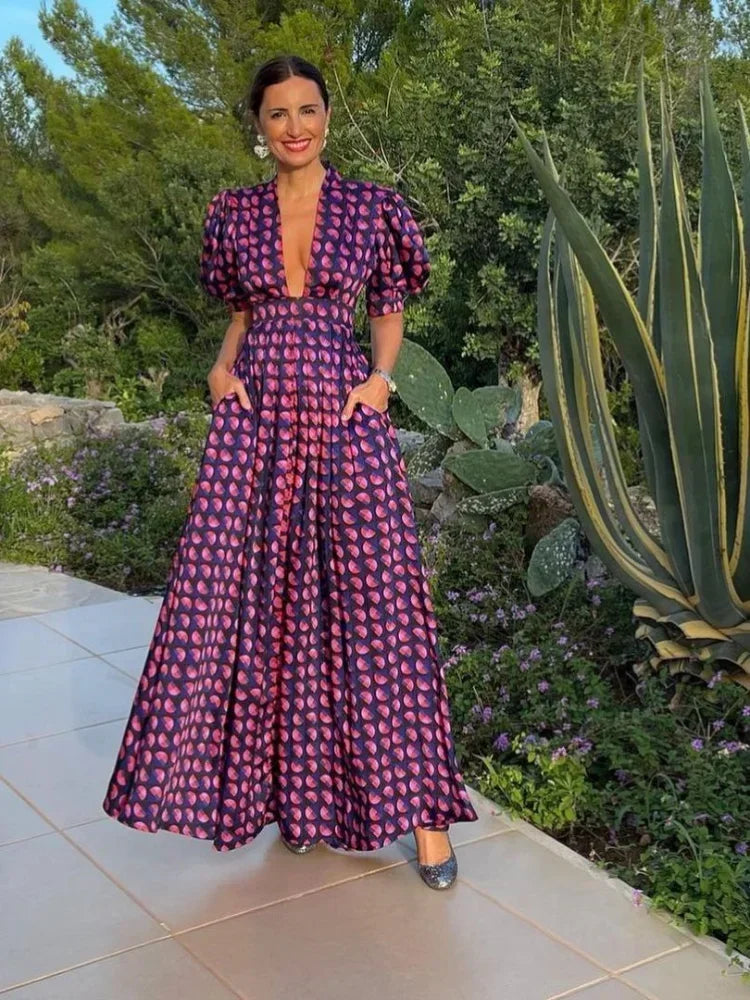 Formal attire Dresses: Deep V-neck Printed Loose Long Dress Women Short Puff Sleeve