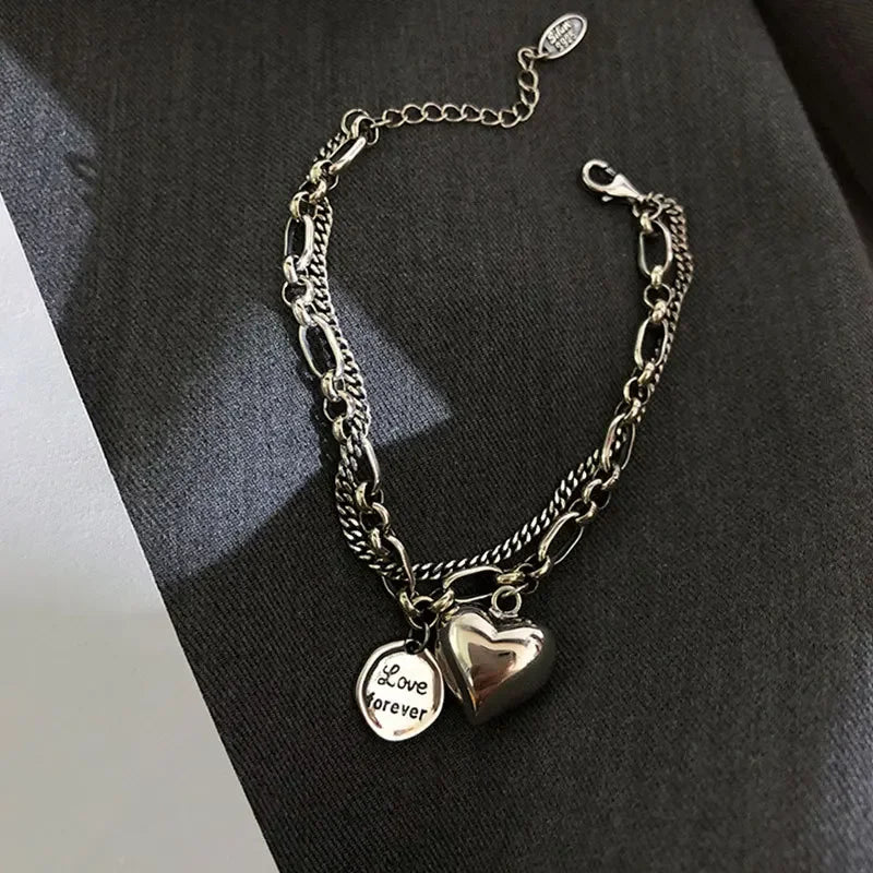 Elegant 925 Sterling Silver Love Letter Heart Double Layer Bracelet Female Unique Design Thai Silver Retro Light Luxury Jewelry