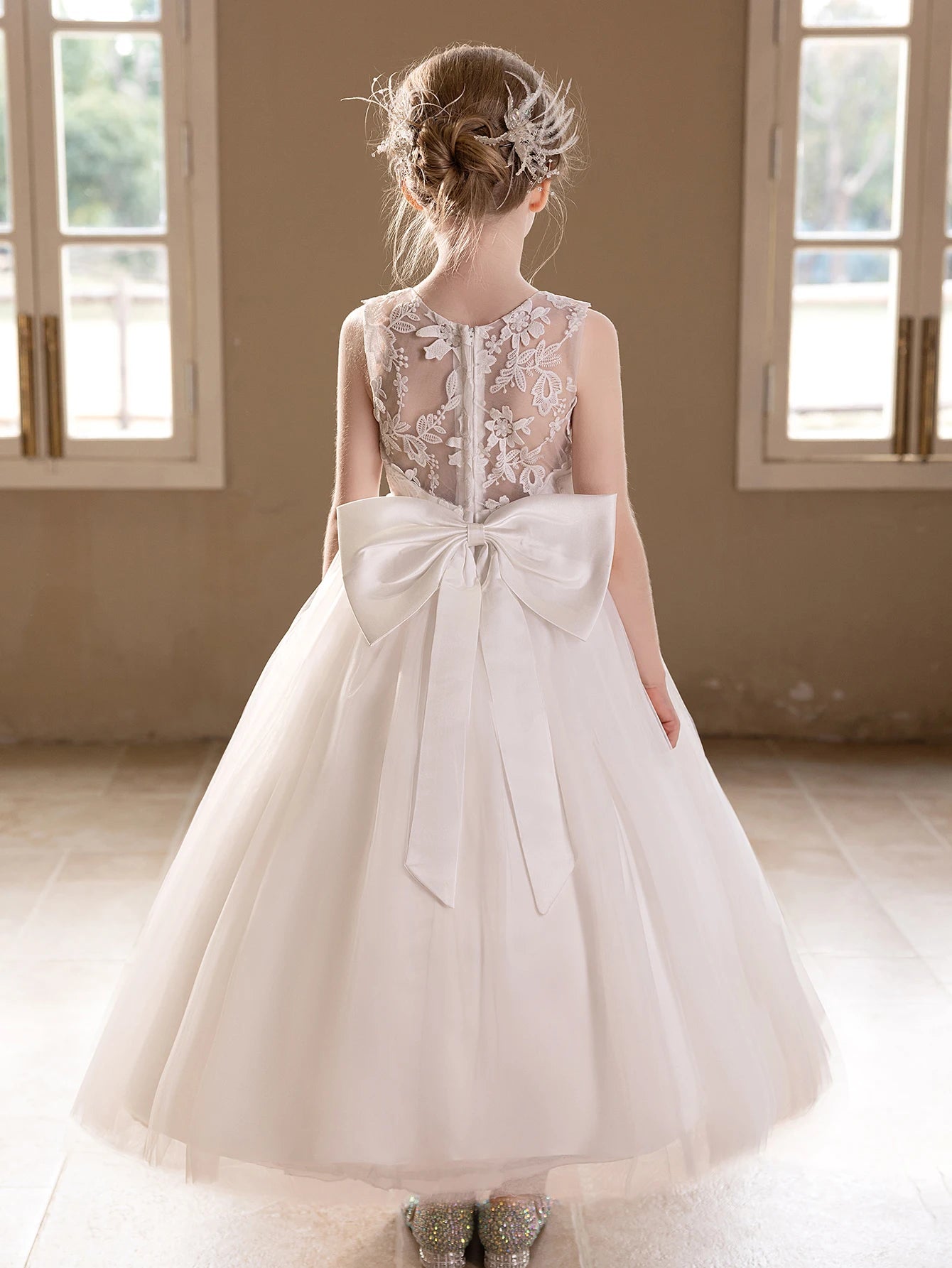 Teen Girls White Wedding Gauze Dress Lace Embroidery Big Bow Evening Puffy Gauze Bridesmaid Dress