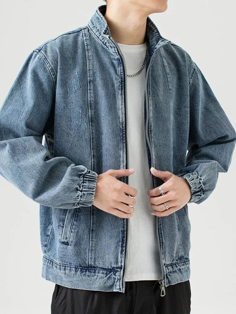Stand Collar Denim Jacket Men Casual Autumn Zip Closure Jacket