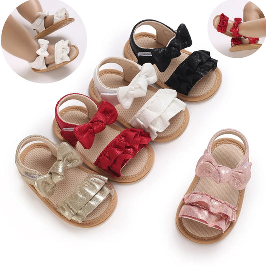 Toddler Crib Shoes Summer Baby Infant Girl Sandals Princess PU Pull Strap Flat Anti-Slip Rubber Sole Light Weight Newborn Girl